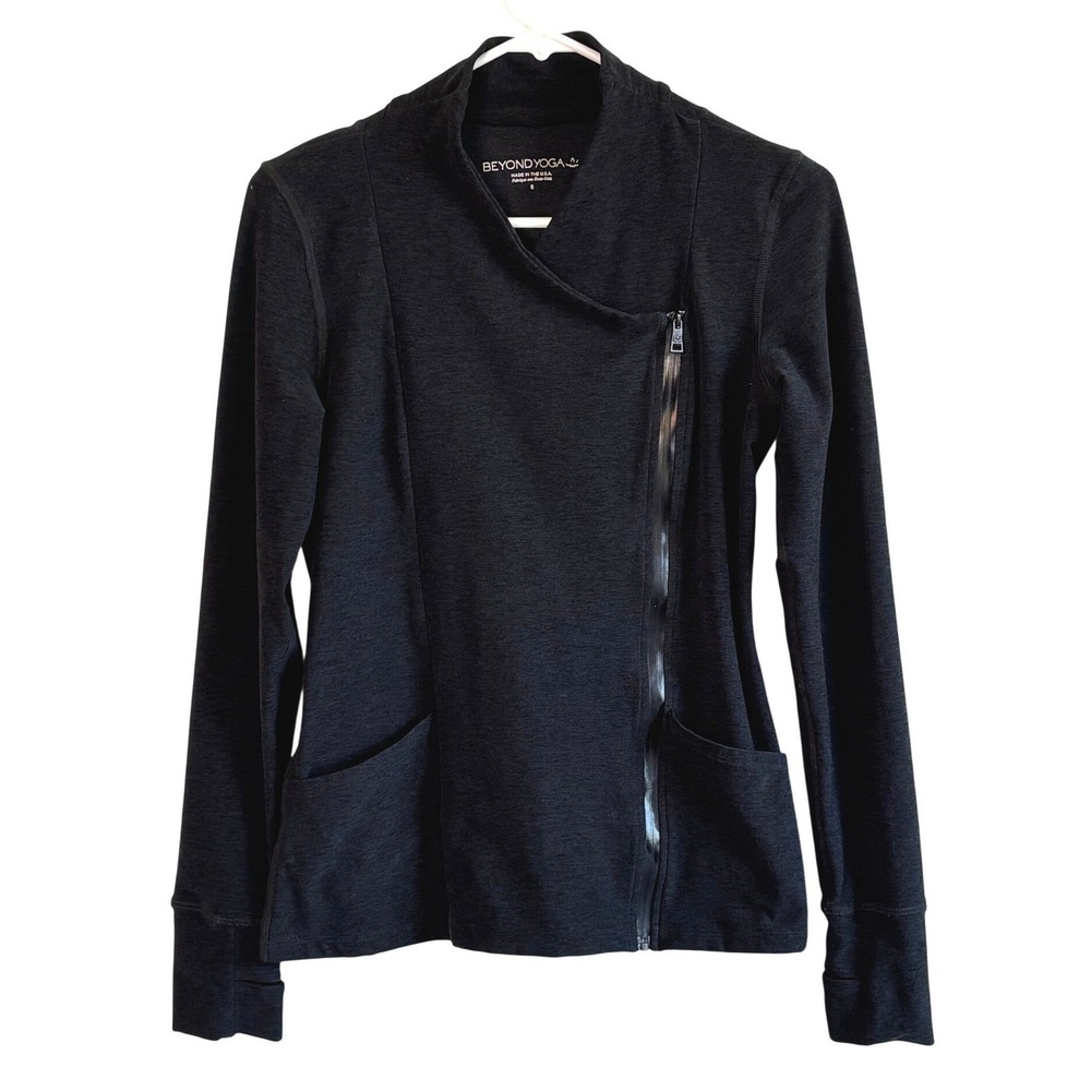 Beyond Yoga Asymmetrical Zip Jacket Black Womens Small Thumbholes Moto